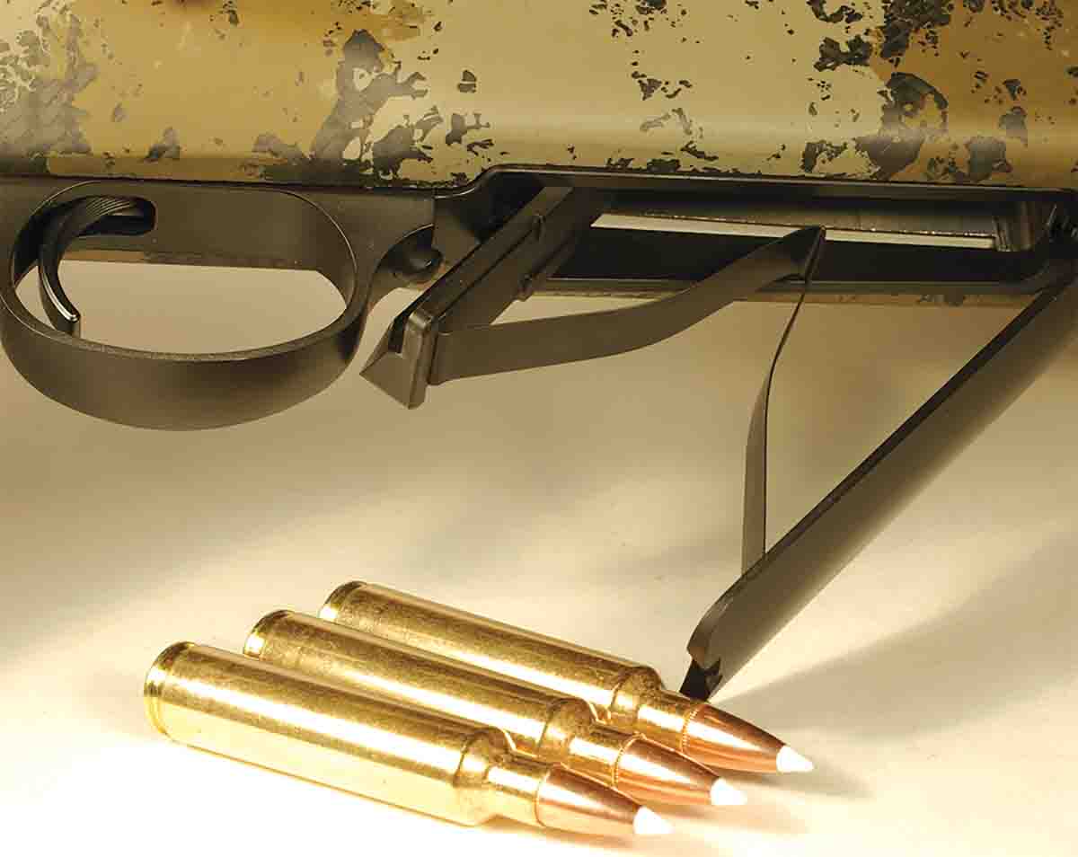 The M48 Long-Range rifle has a hinged floorplate, and the rifle’s magazine held three .30 Nosler cartridges.